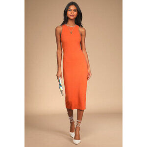 Lulus Majorly Trendy Orange Ribbed Bodycon Midi Dress - Size XS